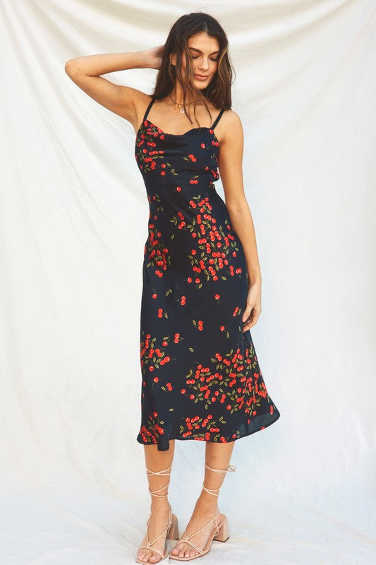 Sweet Cherry  Cowl Neck Silky Slip Cocktail Holiday Dress