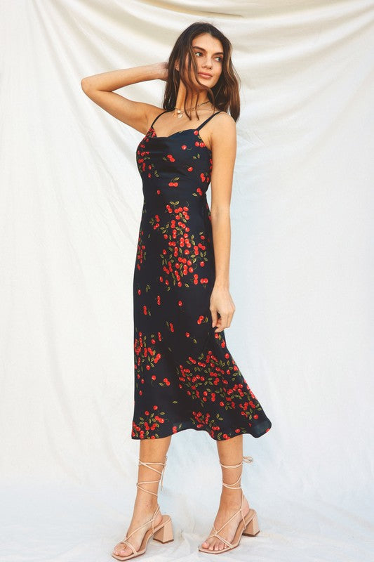 Sweet Cherry  Cowl Neck Silky Slip Cocktail Holiday Dress