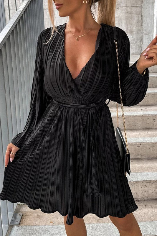 Long Sleeve Waist Tie Ruffle Mini Holiday Cocktail Dress