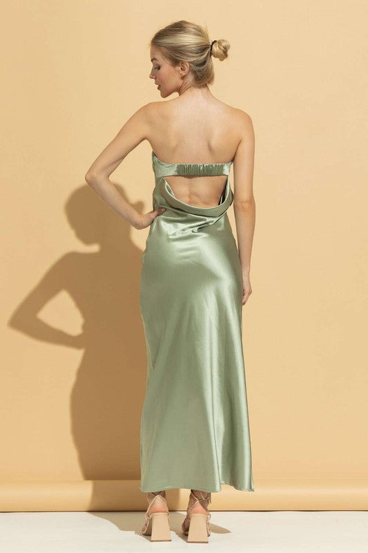 Strapless Satin Tube Bodycon Backless Maxi Holiday Cocktail Dress